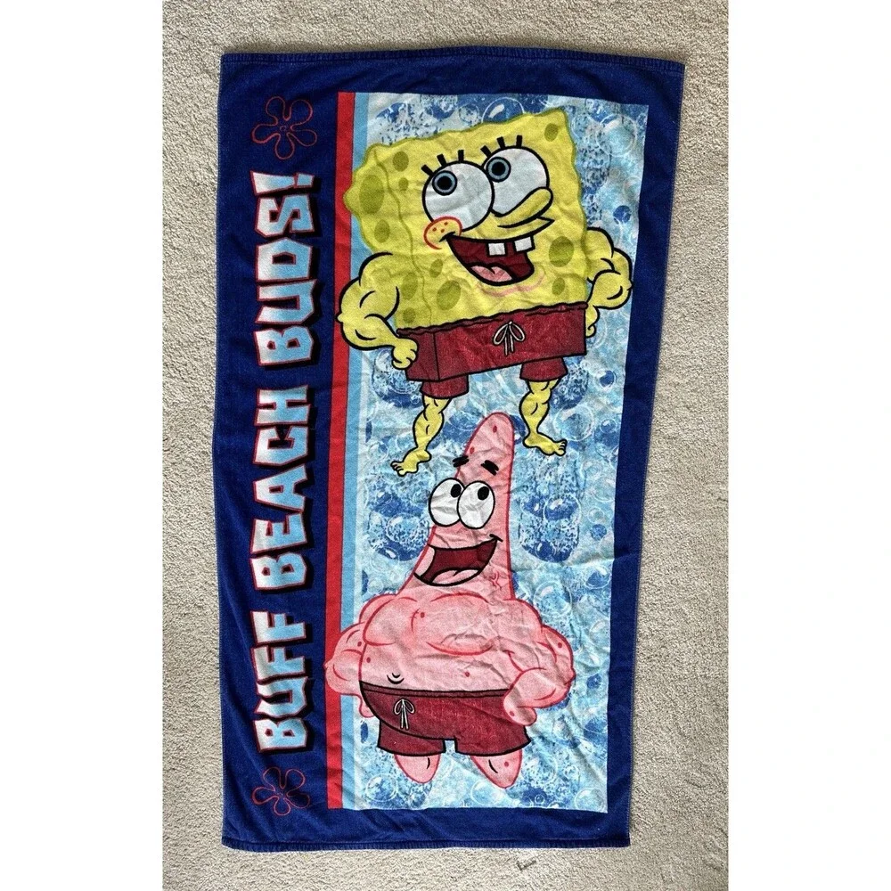 Vintage SpongeBob SquarePants Beach Towel Buff Beach Buds Muscle Patrick Y2K